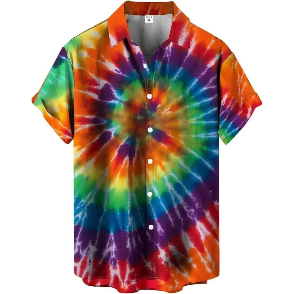 Men Rainbow Print Short Sleeve Hawaiian Fit Casual Button Down Beach Shirts